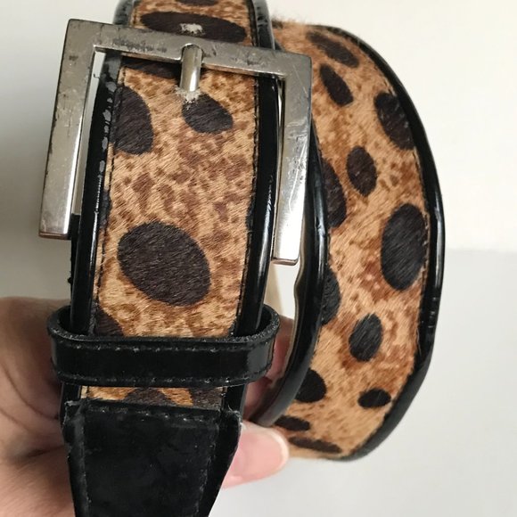 Vtg Calvin Klein Brown Black Leather Belt Womens Size M Cow Fur Spots Cowgirl - Picture 5 of 16